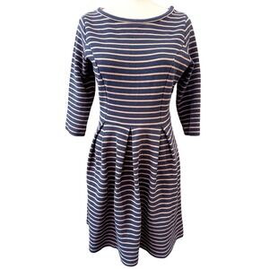 Boden Striped Knit Dress Blue Tan Fit Flare Long Sleeve Cotton Stretch Sz 8